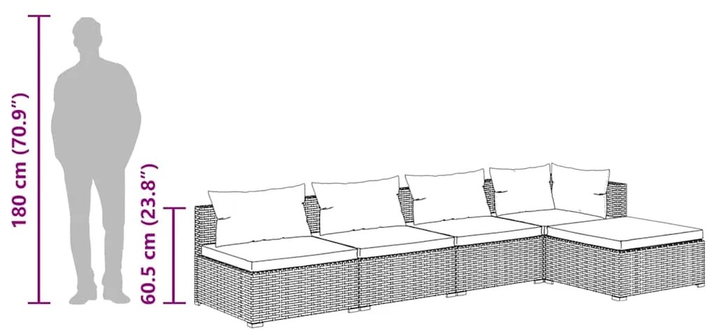 5 pcs conjunto lounge de jardim c/ almofadões vime PE preto