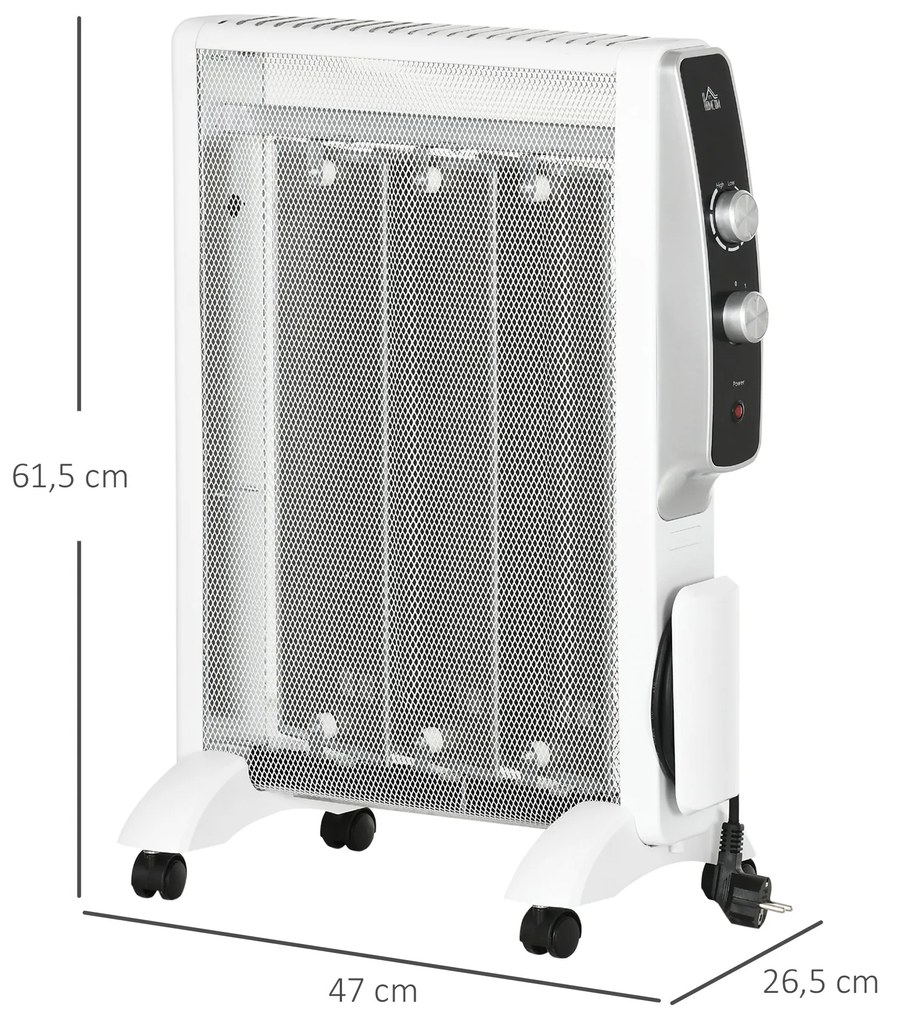 Aquecedor Elétrico 750W/1500W Aquecedor de Mica com Ecrã LED Controlo Remoto Termostato Temporizador e 4 Rodas para Área 15-18 m² 47x26,5x61,5cm Branc