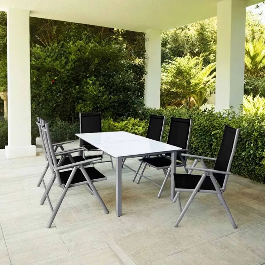 Conjunto de jardim Bern, 7 peças, 6 Cadeiras e Mesa em alumínio e tampo vidro prateado e preto