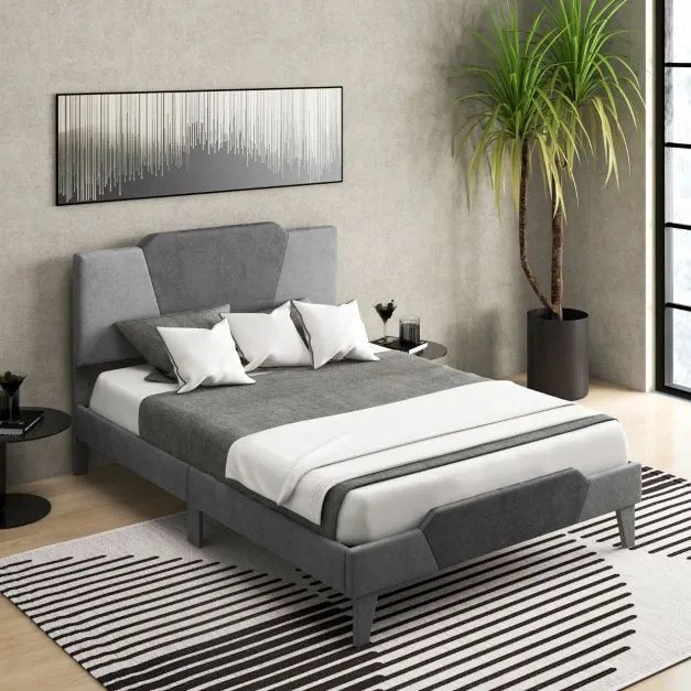 Estrutura de cama em veludo com cabeceira em ripas de madeira maciça para apoio do colchão (Não incluido) Fácil montagem. 208 x 145 x 105 cm. Cinza