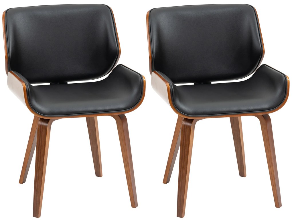 HOMCOM Conjunto de 2 Cadeiras de Jantar com Pés de Madeira Estofadas em Couro Sintético Encosto Curvado 53x54x81 cm Preto | Aosom Portugal