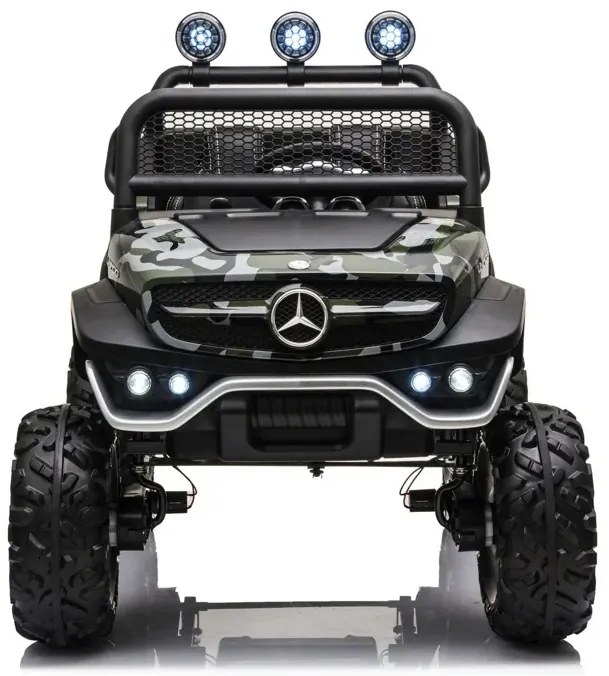 Jipe elétrico para crianças Mercedes-Benz Unimog bateria 12v, 4x4 2 Lugares pneus em borracha, assento em pele artificial Camuflado