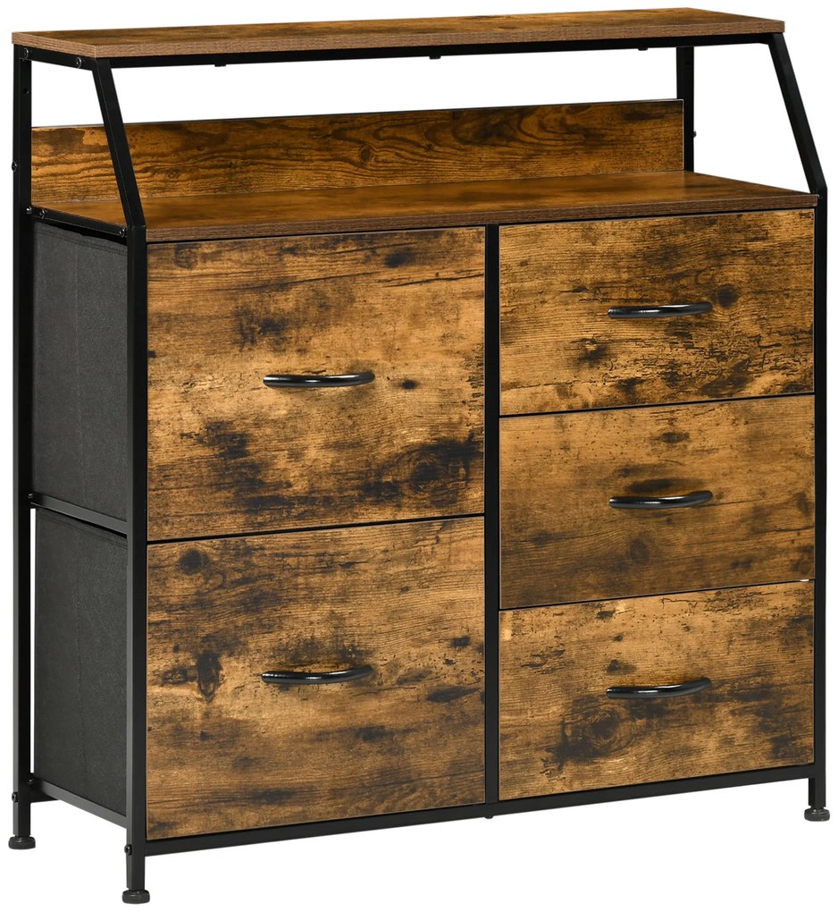 HOMCOM Cómoda com 5 Gavetas de Tecido Dobrável e Prateleira Aberta A Estilo Industrial 83,5x29x87cm Marrom Rústico | Aosom Portugal