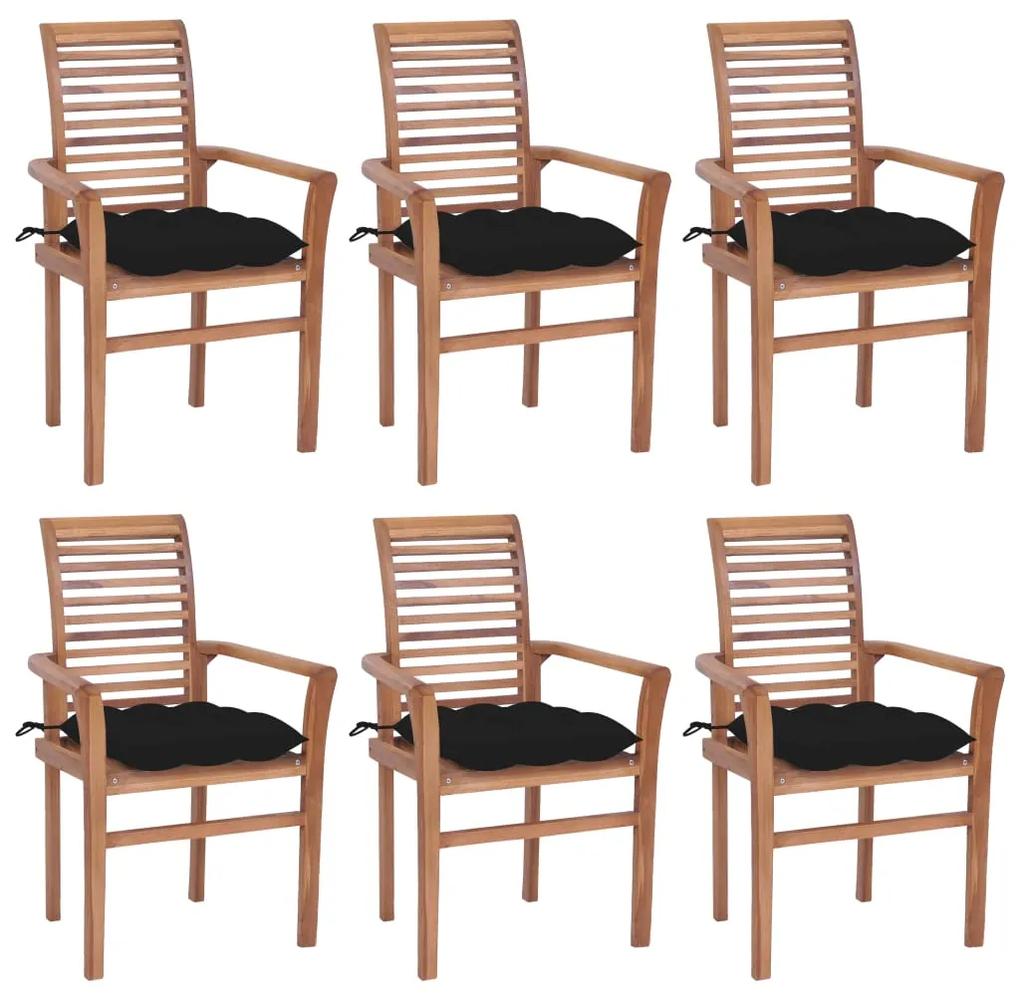 Cadeiras de jantar c/ almofadões pretos 6 pcs teca maciça