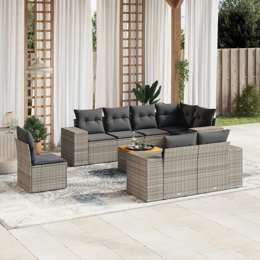 9 pcs conjunto sofás p/ jardim com almofadões vime PE cinzento