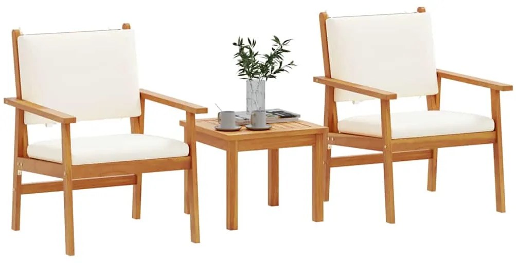 Conjunto de Bistro de Jardim 3 Peças com Almofadas em Madeira Sólida d