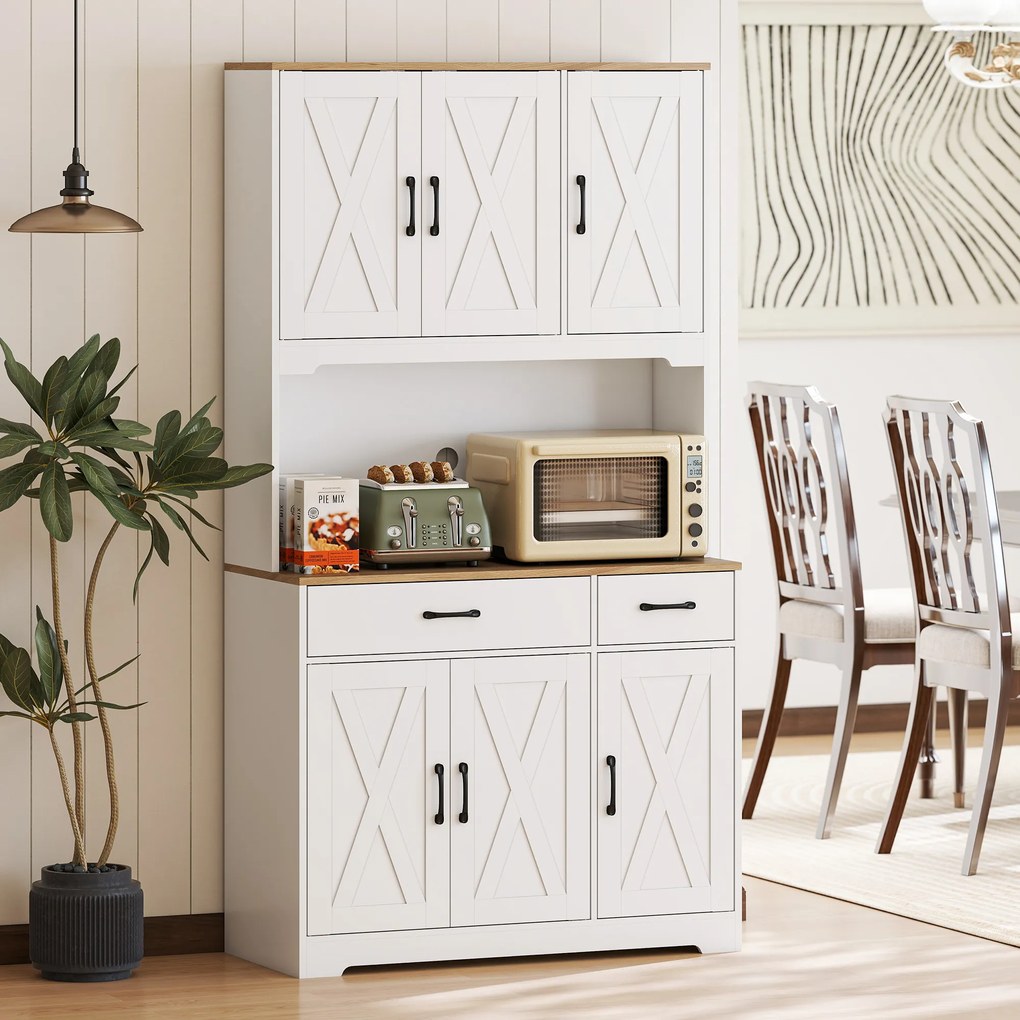 Aparador Alto de Cozinha, 94 x 39,5 x 175,2 cm, 6 Portas e 2 Gavetas, Branco