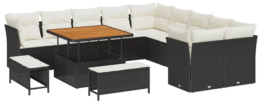 Conjunto de Sofá de Jardim com Almofadas Preto Rattan Poliéster Acácia