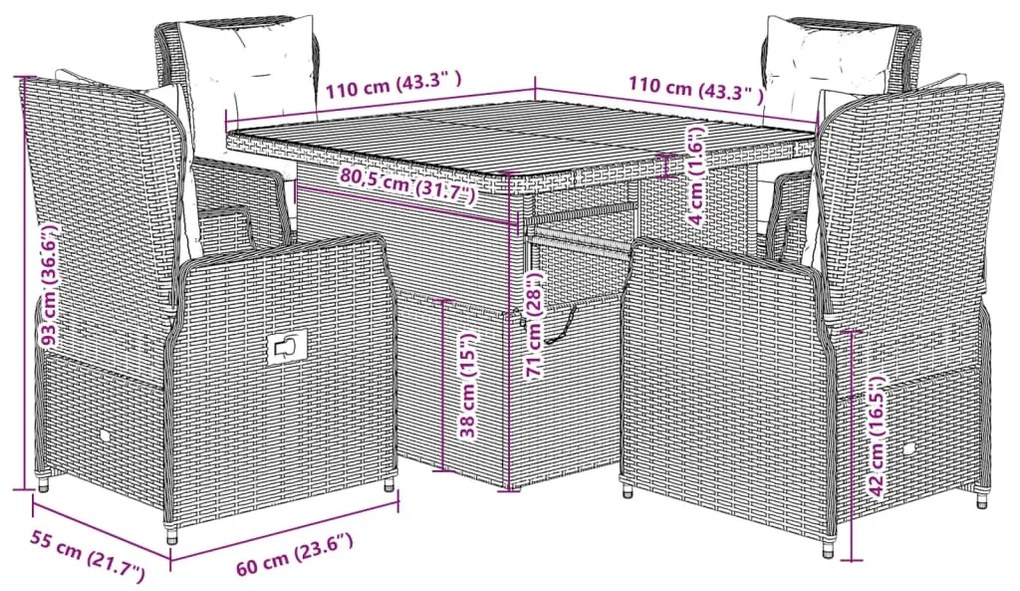 5 pcs conjunto de jantar p/ jardim c/ almofadões vime PE cinza