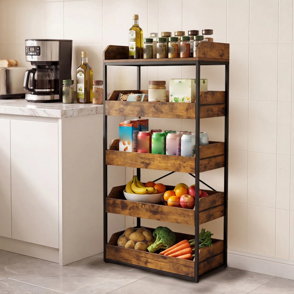 Estante de Arrumação de Cozinha, 60 x 35 x 118 cm, 5 Níveis com Gavetas Removíveis, Castanho+Preto