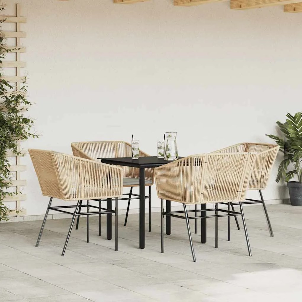 Conjunto jantar jardim 5 peças almofadas vidro vime PE castanho