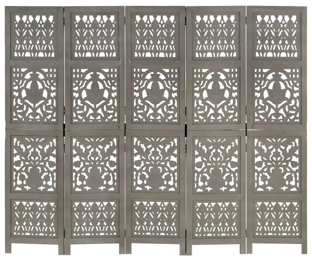 Biombo esculp mão 5 painéis 200x165cm mangueira maciça cinzento