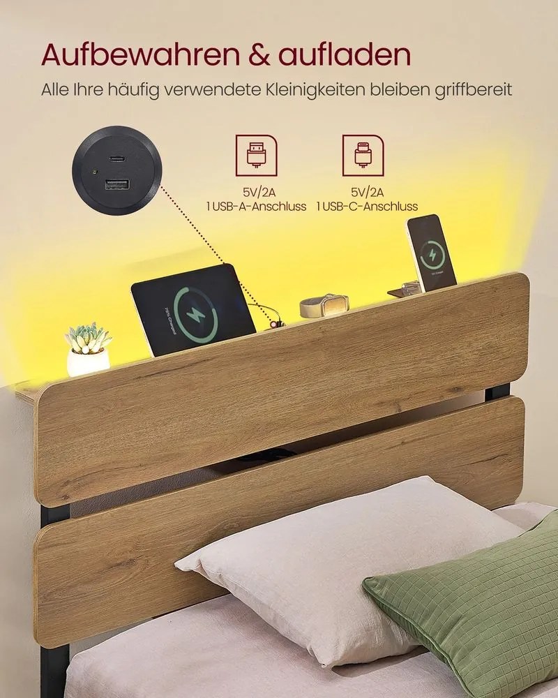 Estrutura de cama 90 x 200 cm (COLCHÃO NÃO INCLUIDO) com iluminação e estação de carregamento Castanho natural