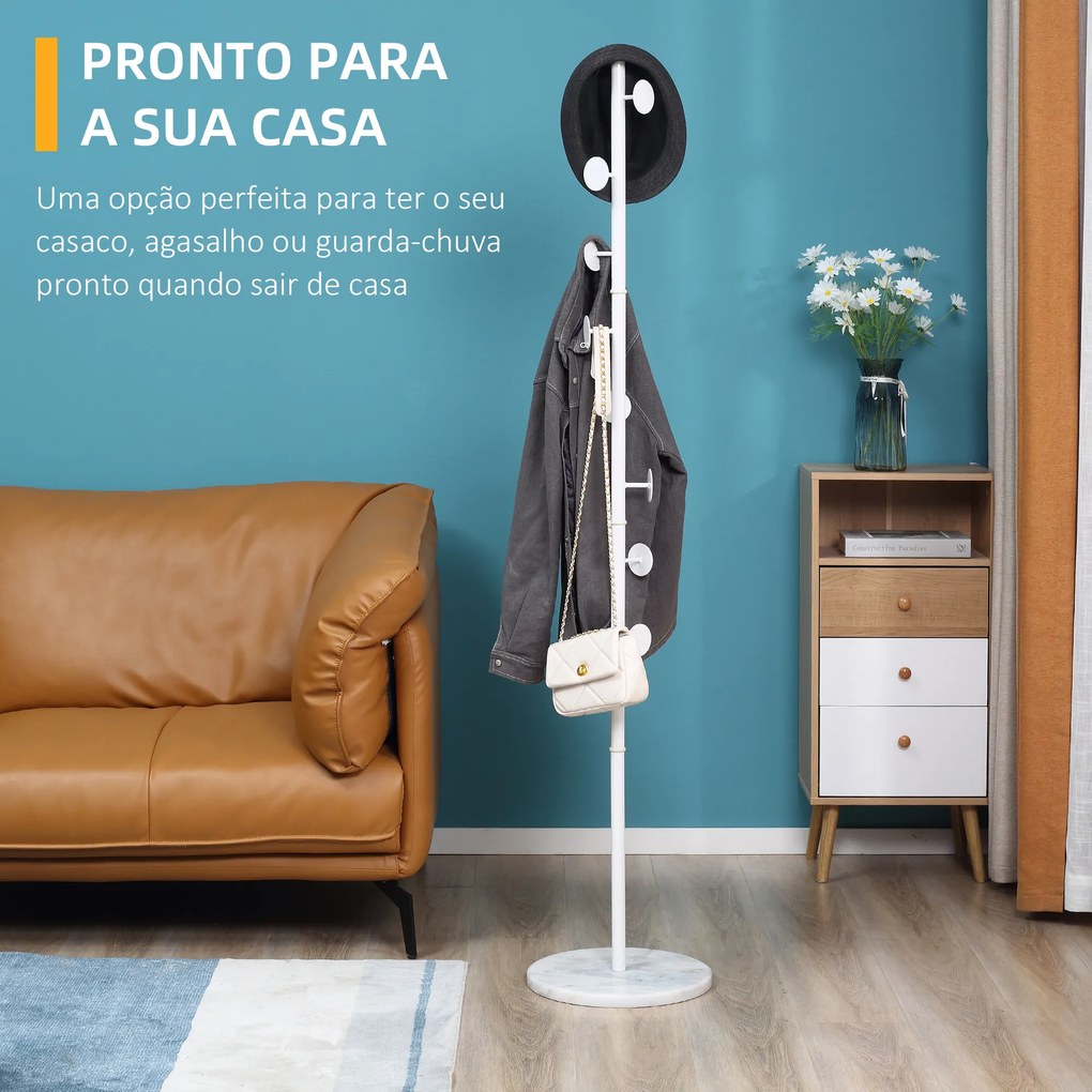 HOMCOM Cabideiro de Pé Cabideiro para Roupas com 8 Ganchos para Pendurar Bolsas Chapéus com Base de Mármore para Dormitório Corredor Entrada 35x35x170cm Branco
