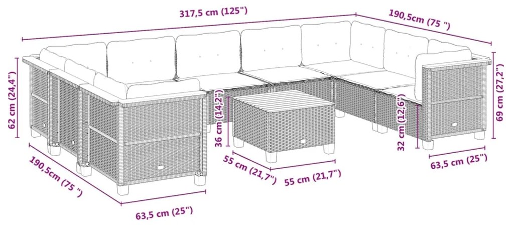10 pcs conjunto sofás de jardim c/ almofadões vime PE preto
