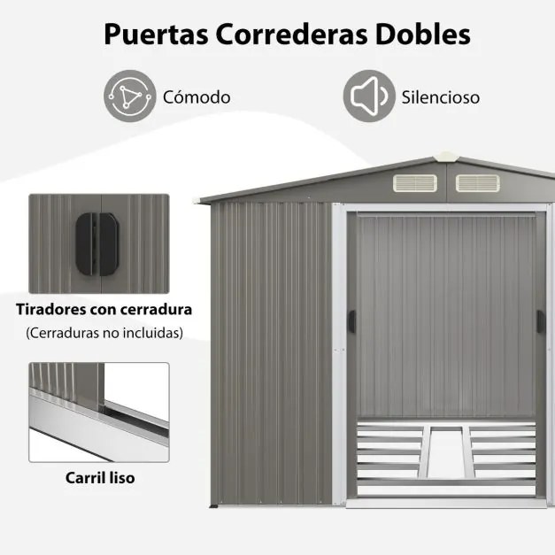 Abrigo de jardim Portas duplas e rampa para ferramentas 260 x 207 x 180 cm Cinzento claro