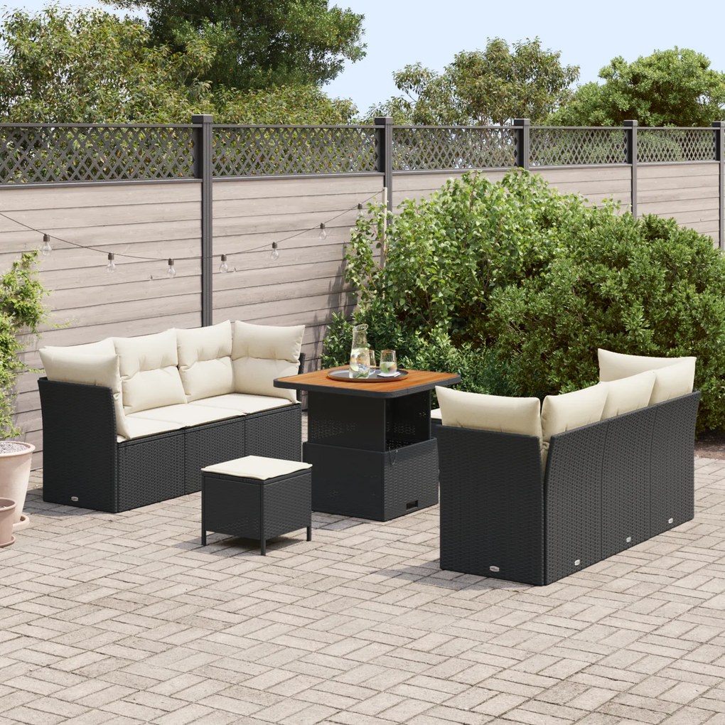 Conjunto Sofá de Jardim de 9 Peças com Almofadas Rattan Polímero Preto