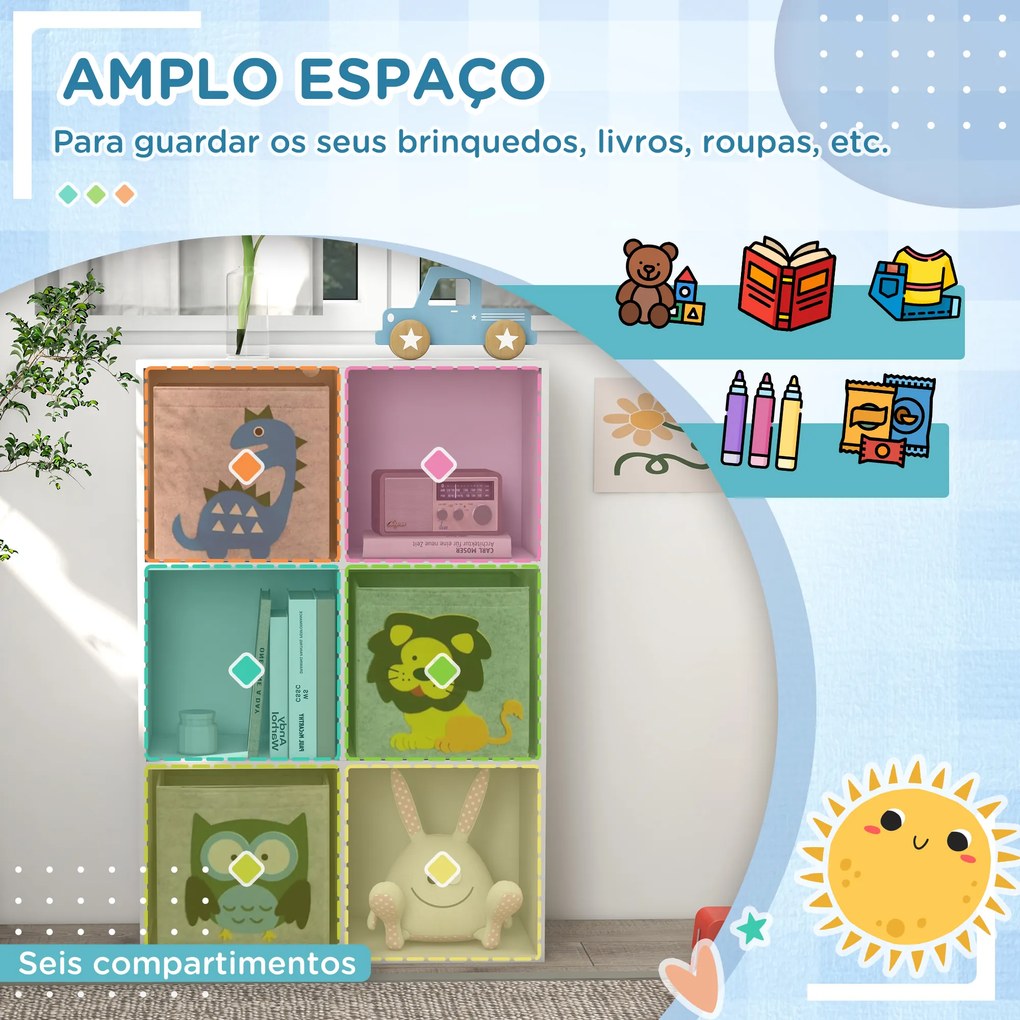 Estante para Brinquedos com 6 Compartimentos e 3 Caixas de Tecido não Tecido e Desenho de Animais 62x30x92cm Branco e Cinza
