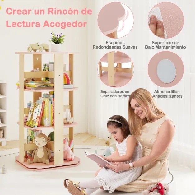 Estante giratória para crianças com 360° de rotação, 3 níveis e 12 compartimentos 48 x 48 x 95,5 cm Rosa