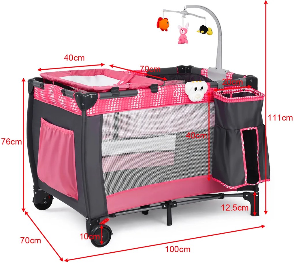 Cama de viagem bebé dobrável berço com saco de transporte de 2 rodas 100 x 70 x 76cm Rosa