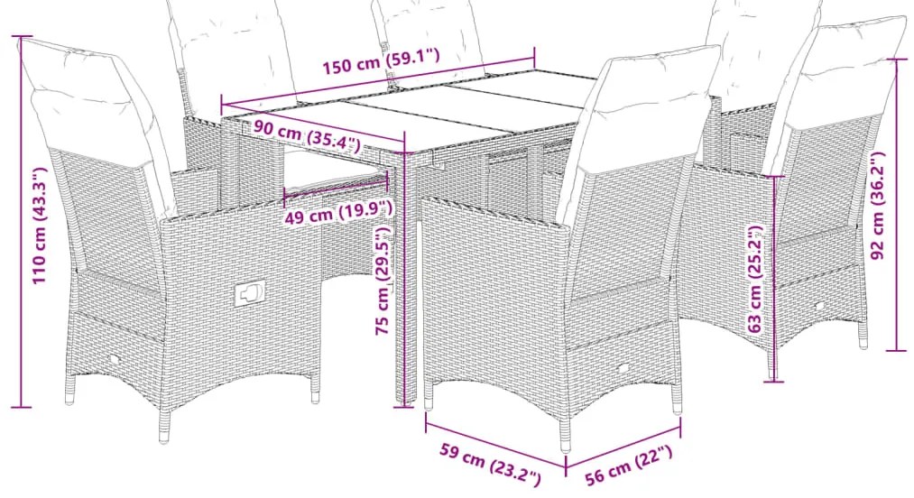 7 pcs conjunto de jantar p/ jardim com almofadões vime PE bege