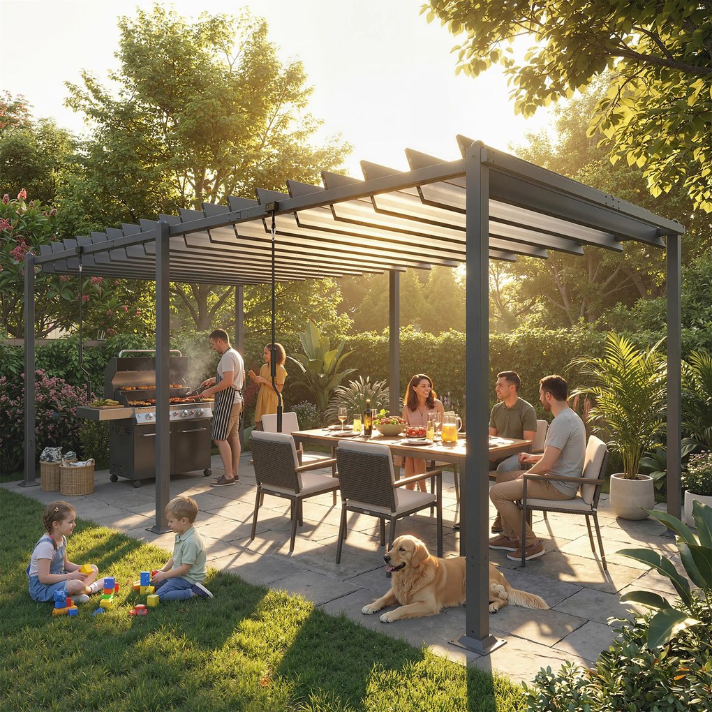 Pérgola de Jardim 3x5,7 m com Teto de Lamas Ajustável a 90° Manivela Estrutura de Alumínio UPF50+ Cinzento Escuro