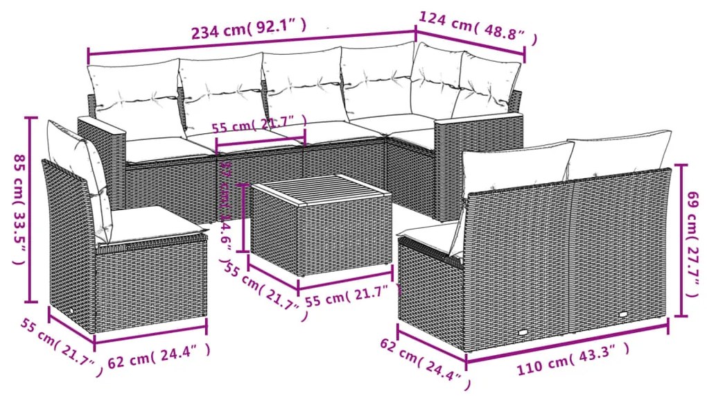 9 pcs conjunto de sofás p/ jardim com almofadões vime PE bege