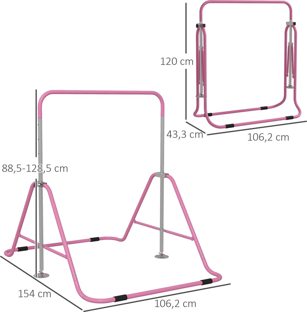 Barra de Ginástica para Crianças Dobrável com Altura Ajustável para Treino em Casa 154x106,2x88,5-128,5 cm Rosa