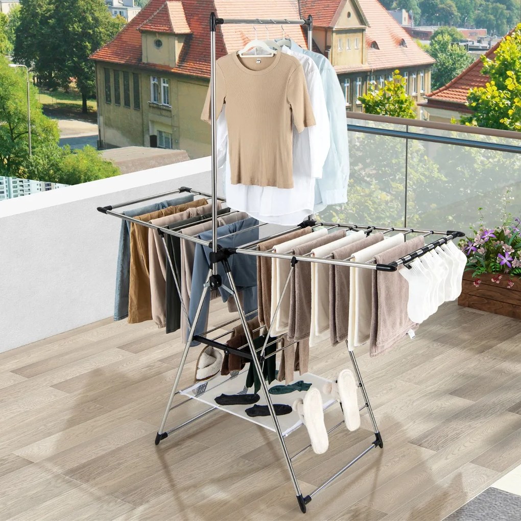 Estendal de roupa dobrável ​​de alumínio de 6 camadas para roupas estilo asa de gaivota airer com altura ajustável e clipes laterais prateado