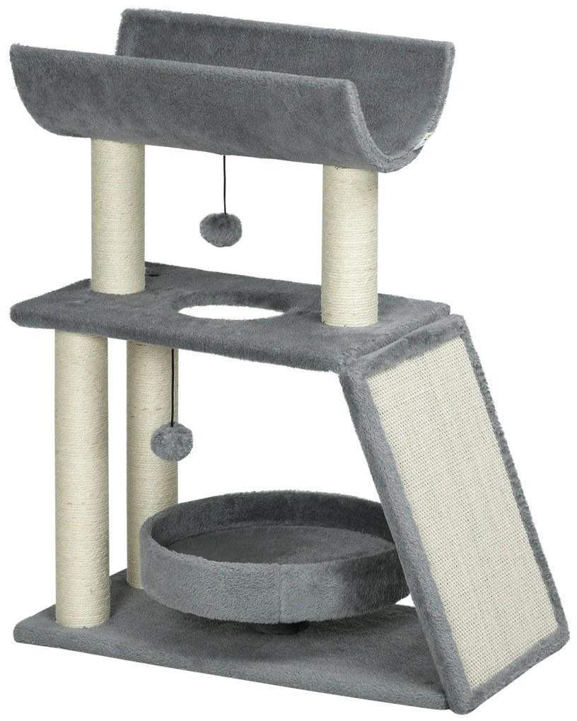 PawHut Arranhador para Gatos Altura 76 cm com 4 Postes de Arranhar Cama Plataforma em U Almofada para Arranhar Cinzento