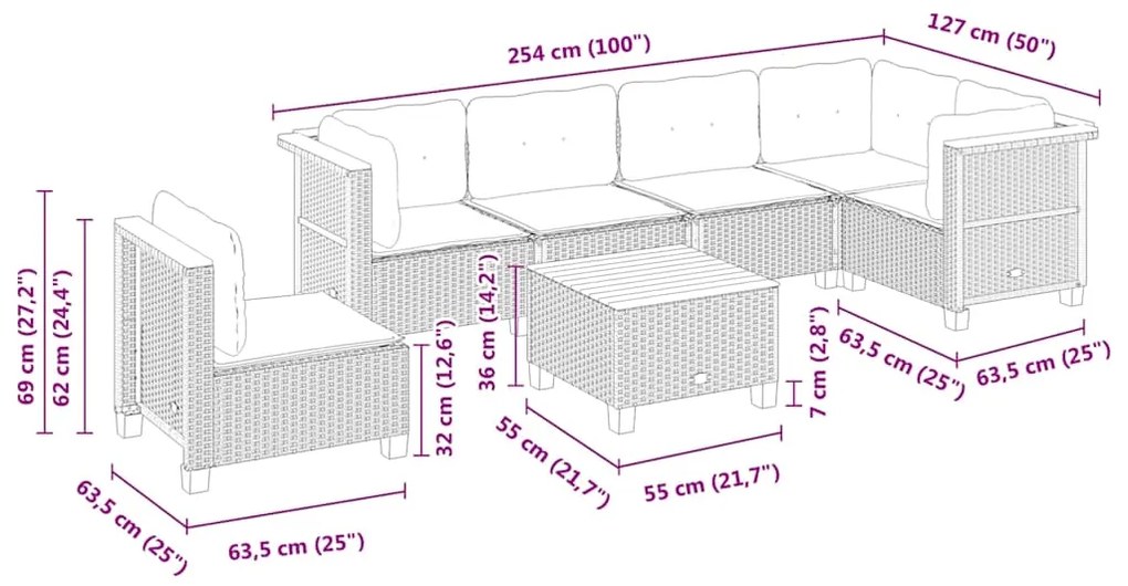 7 pcs conjunto de sofás p/ jardim com almofadões vime PE bege