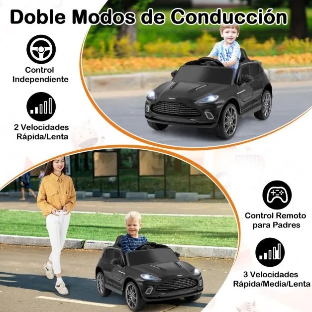Carro elétrico infantil de 12 V Aston Martin DBX com portas duplas com fecho, controlo remoto, arranque gradual, luzes LED, porta USB e buzina – Preto