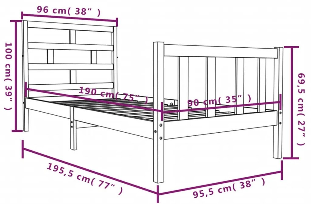 Estrutura de cama solteiro 90x190 cm pinho maciço