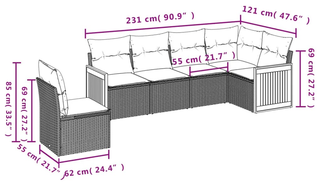 6 pcs conjunto sofás de jardim com almofadões vime cinzento