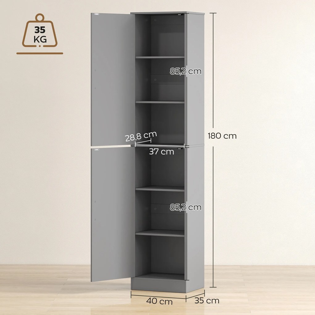 Armário de casa de banho 40 x 35 x 180 cm tipo coluna com 2 portas e 4 prateleiras ajustáveis, cinzento