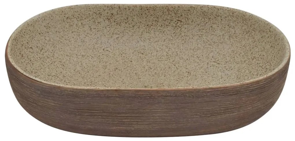 Lavatório de bancada oval 59x40x14 cm cerâmica areia e castanho