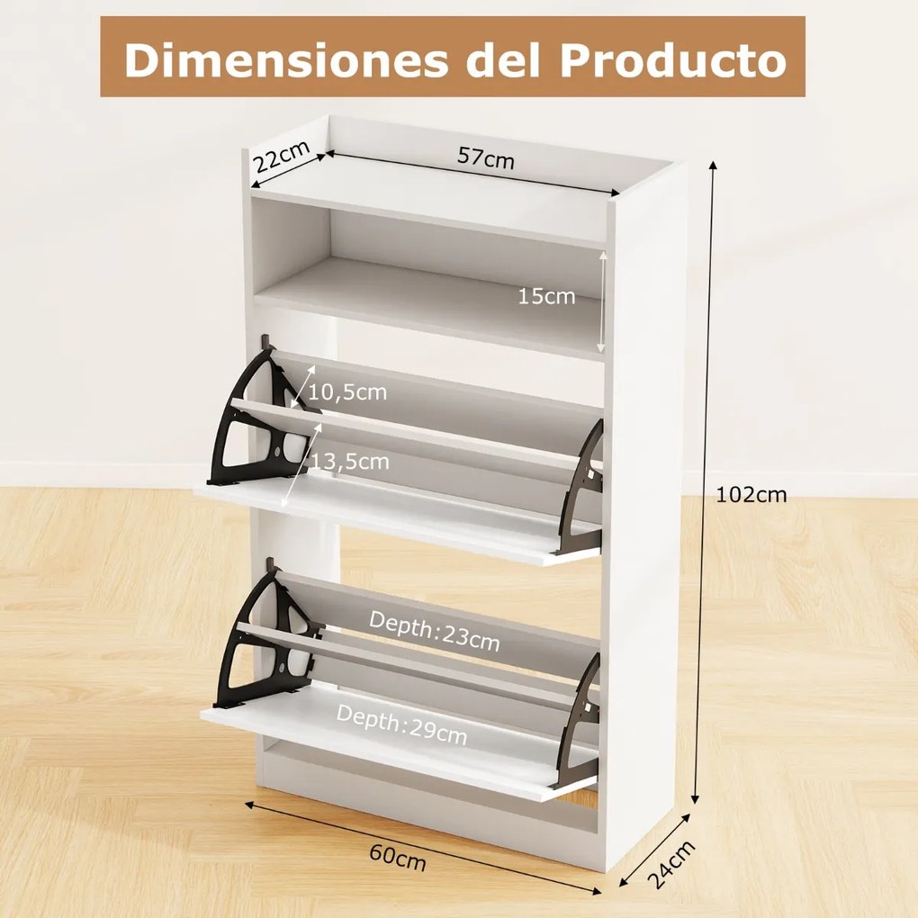 Sapateira 60 x 24 x 102 cm com 2 gavetas rebatíveis e espaço de arrumação aberto para corredor ou sala de estar Branco