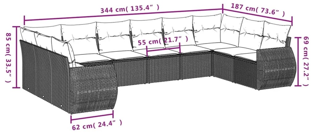 11 pcs conjunto sofás de jardim c/ almofadões vime PE castanho