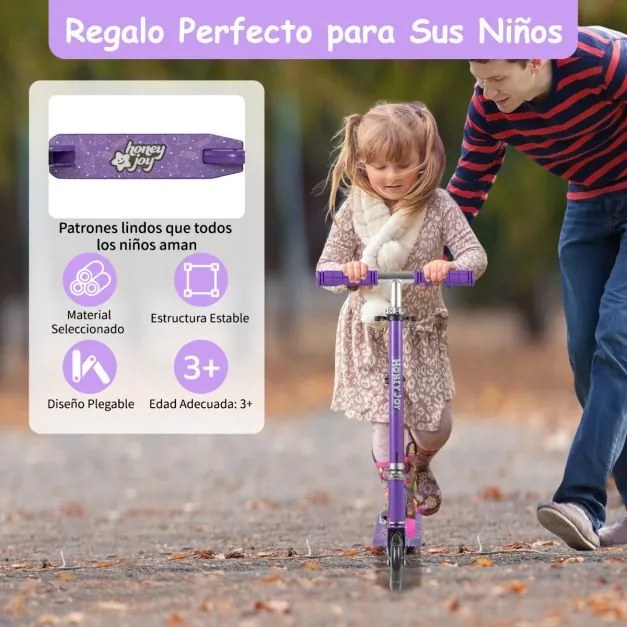 Trotinete dobrável para crianças com 2 rodas intermitentes Guiador ajustável Sistema de travão traseiro com apoios para os pés para crianças a partir