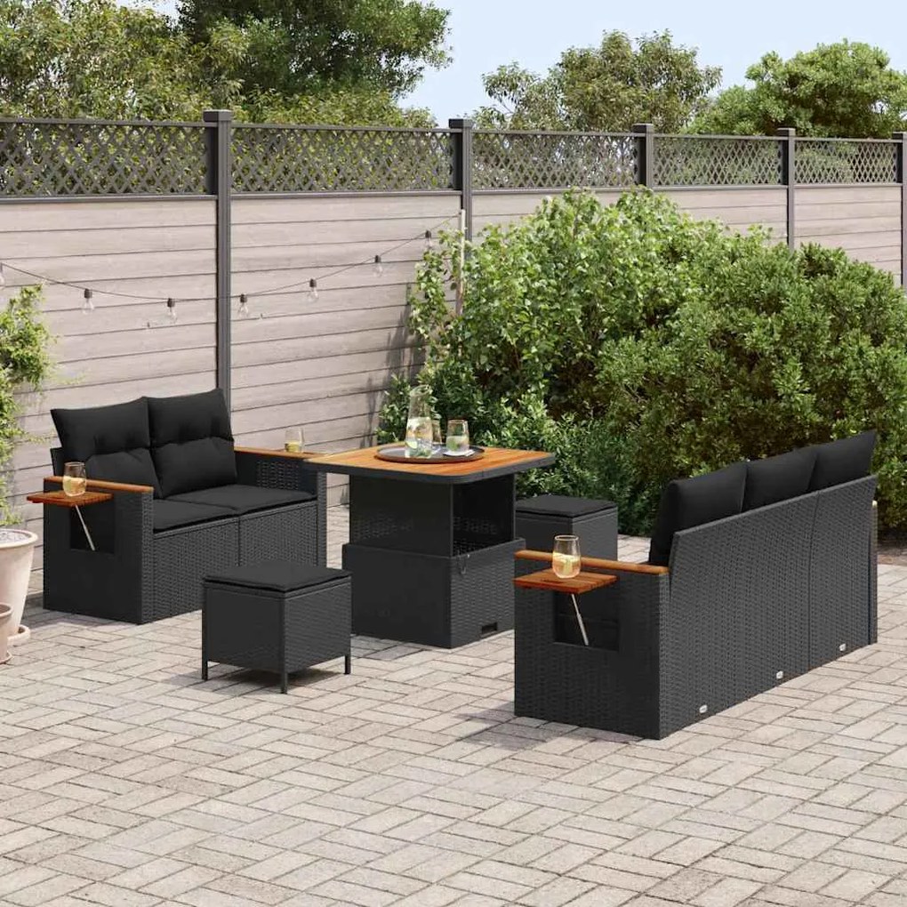 Conjunto de Sofá de Jardim vidaXL 8 Peças com Almofadas Preto Vime PE
