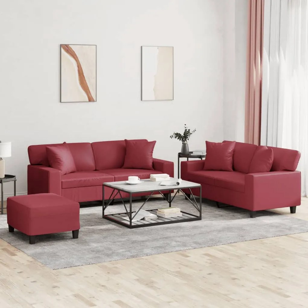 vidaXL 3 pcs conjunto sofás c/ almofadas couro artif. vermelho tinto