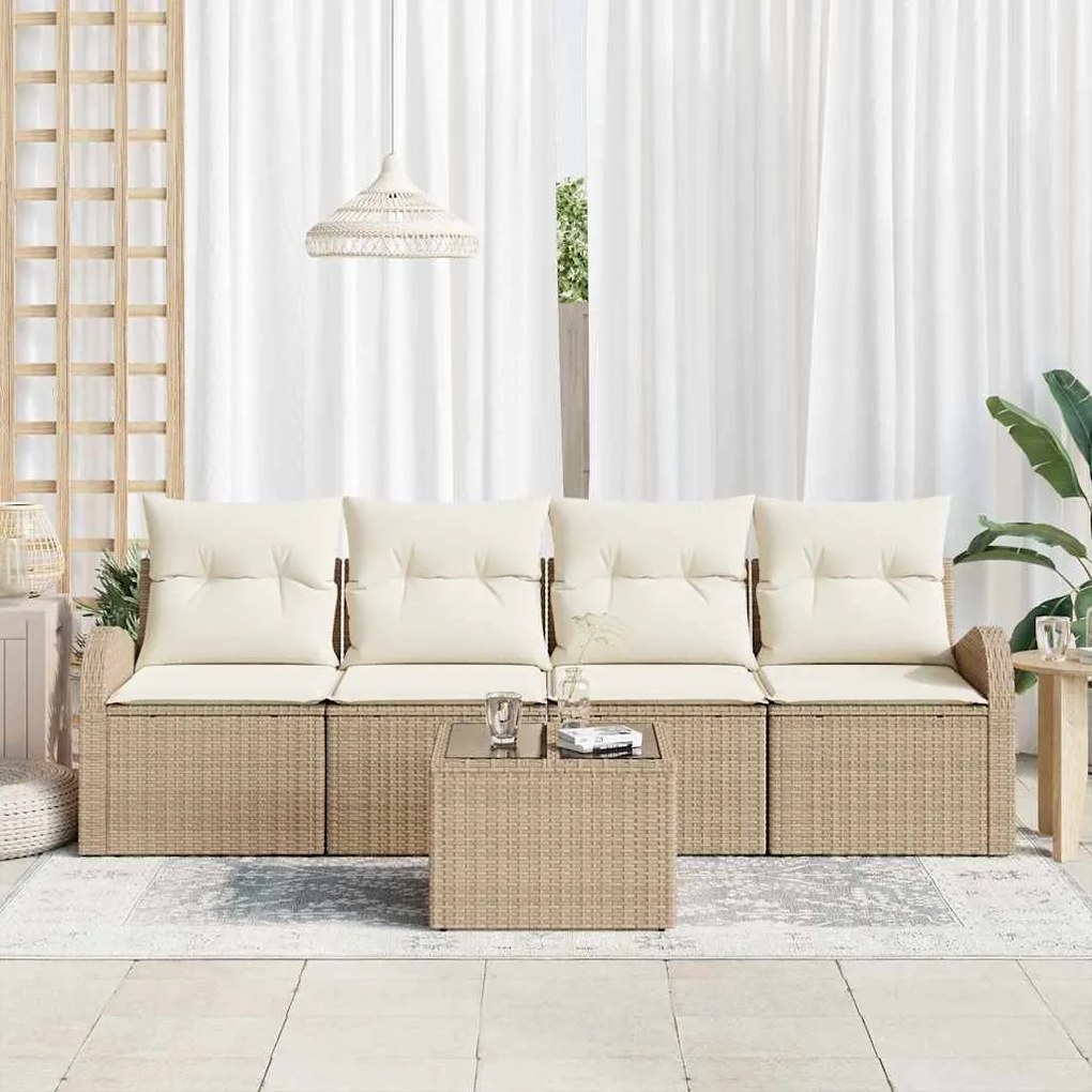 Conjunto de Sofá de Jardim de 5 Peças com Almofadas Bege Vime Sintétic
