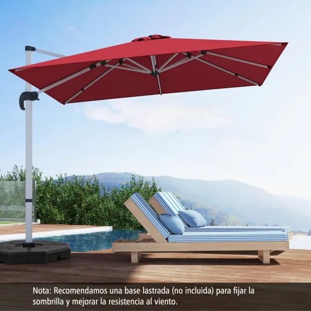 Guarda-sol de alumínio de 3 m quadrado com rotação de 360° e inclinação ajustável à prova de vento para jardim, piscina e terraço Vermelho