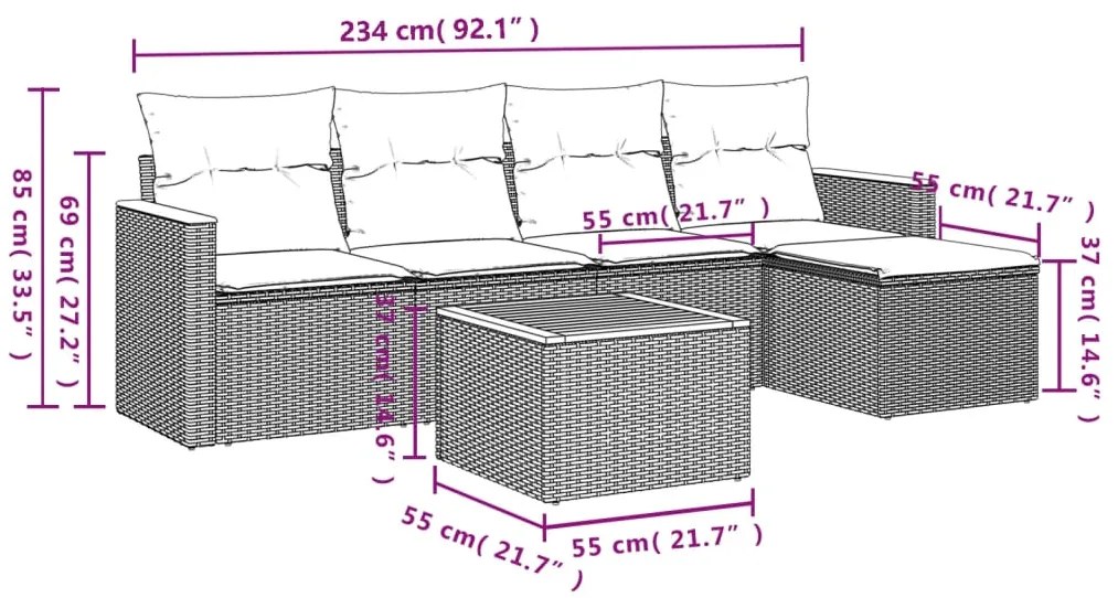 6 pcs conjunto sofás de jardim com almofadões vime cinzento