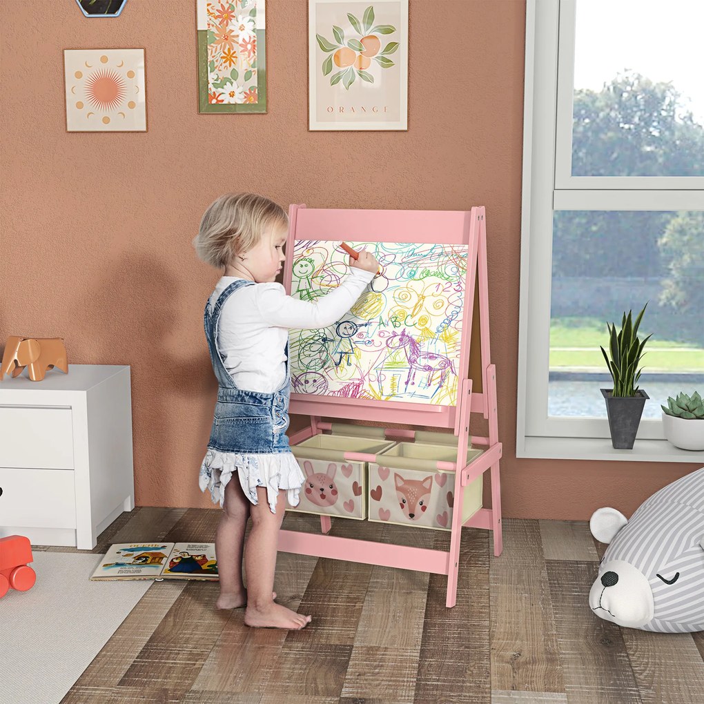 AIYAPLAY Cavalete para Crianças 3 em 1 Cavalete Infantil de Dupla Face Cavalete de Arte com Rolo de Papel Quadro e 2 Cestas de Armazenamento 54x46,5x93 cm Rosa