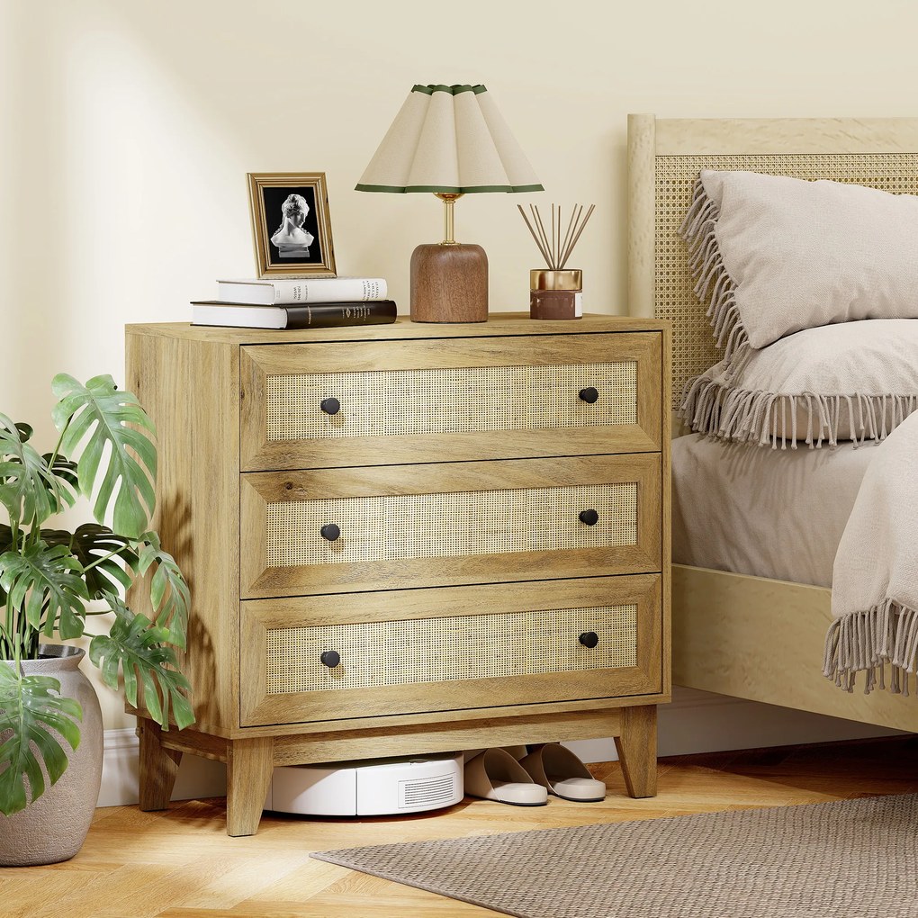 Cómoda com 3 Gavetas Cómoda de Madeira com Gavetas de Vime e Pés Elevados 80x35x76 cm Madeira