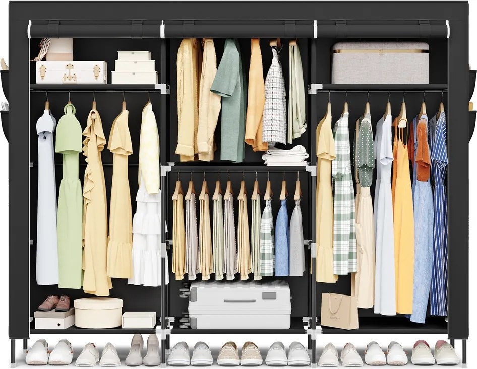 Guarda roupa com varão 45 x 189 x 180 cm, em tecido e plástico com bolsos laterais preto