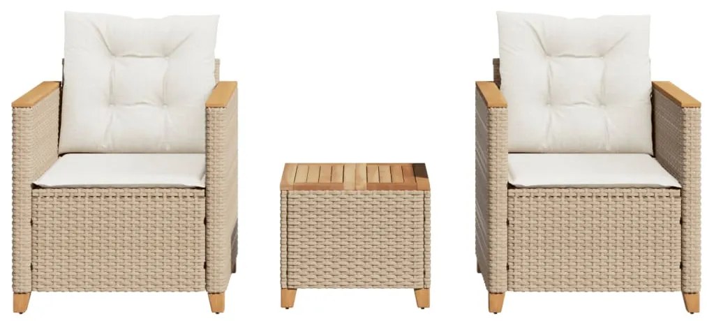 Conjunto de bistrô com almofadões 3 pcs vime PE e acácia bege