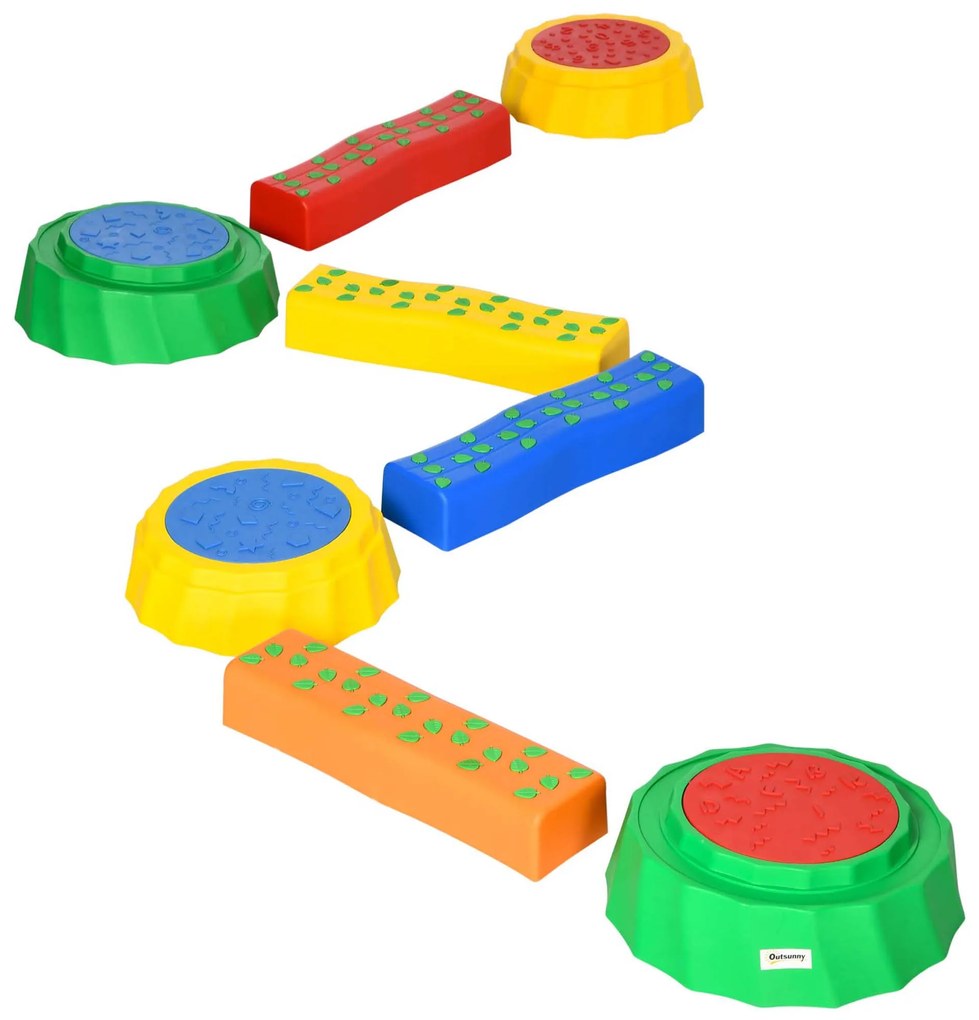 Outsunny Conjunto de 8 Traves de Equilíbrio para Crianças de 3-6 Anos Degraus de Equilíbrio com Almofadas Antiderrapantes para Interior e Exterior Carga Máxima 50kg 45,5x11,5x8cm Multicor