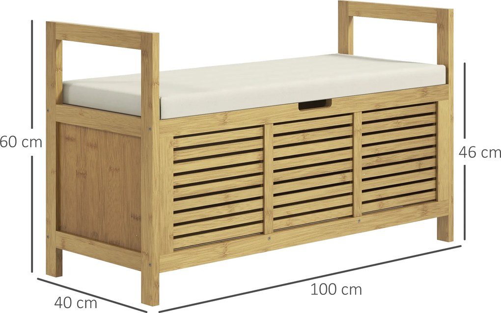 Banco com espaço de arrumação 100 x 40 x 60 cm e compartimento oculto sob o assento, com almofada e apoio de braço, cor natural